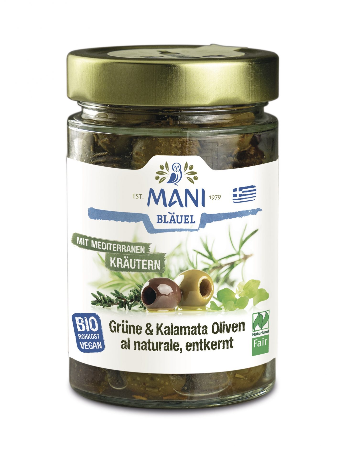Grüne & Kalamata Oliven, entkernt, mit Kräutern