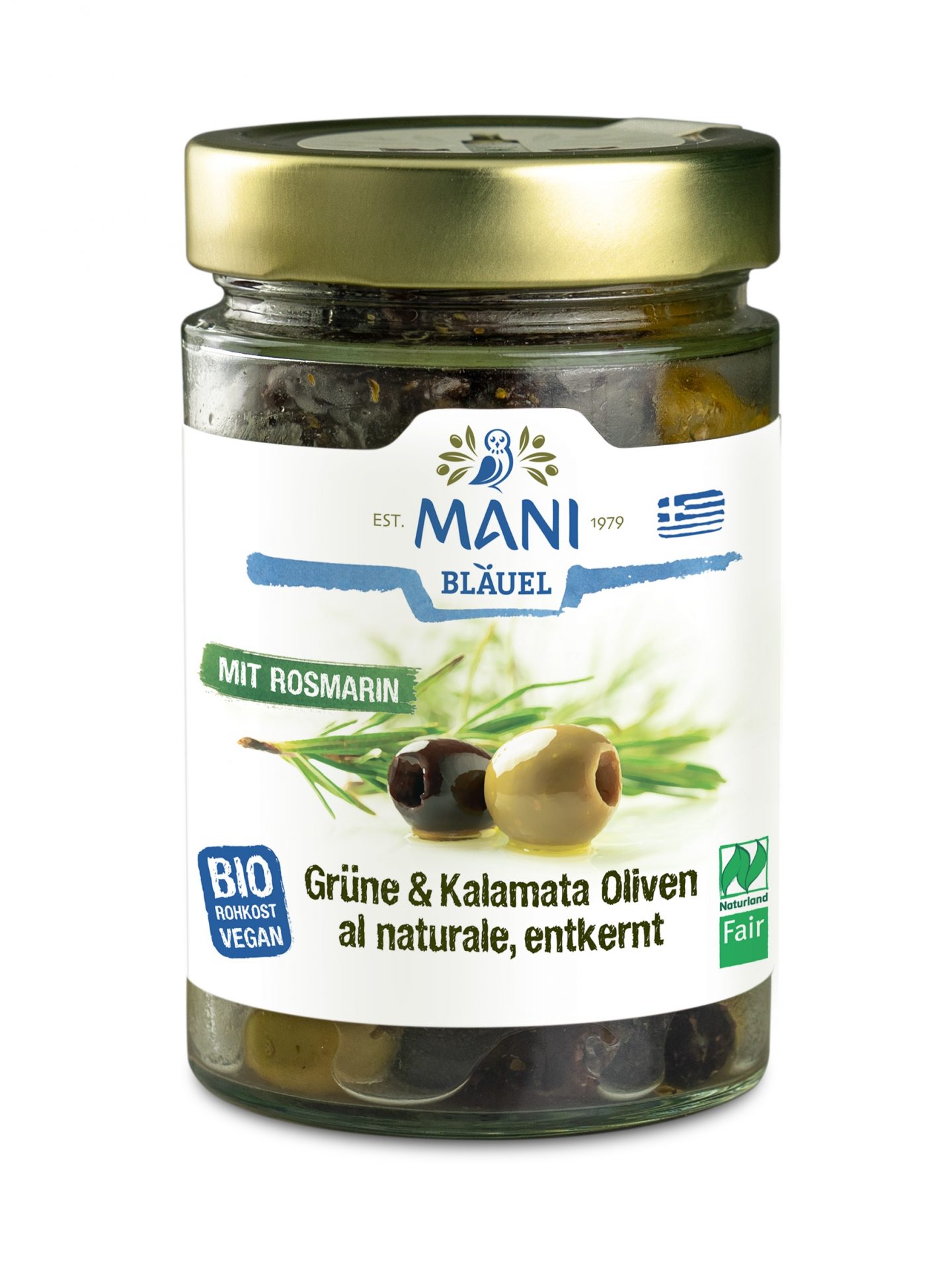 Grüne & Kalamata Oliven, entkernt, mit Rosmarin